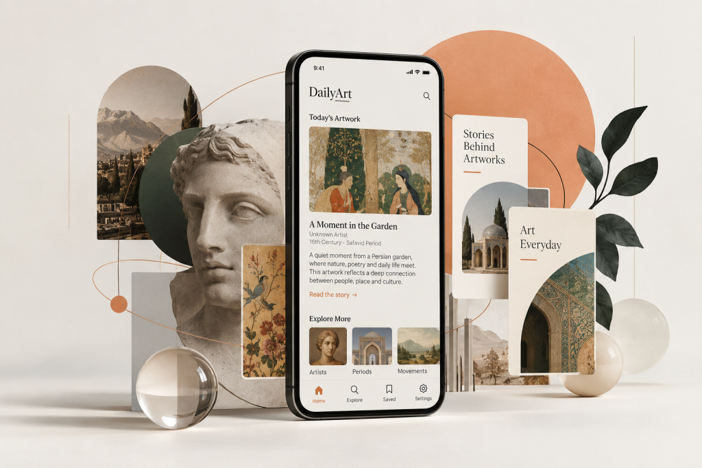 Editorial visual inspired by digital access to art history and everyday cultural learning