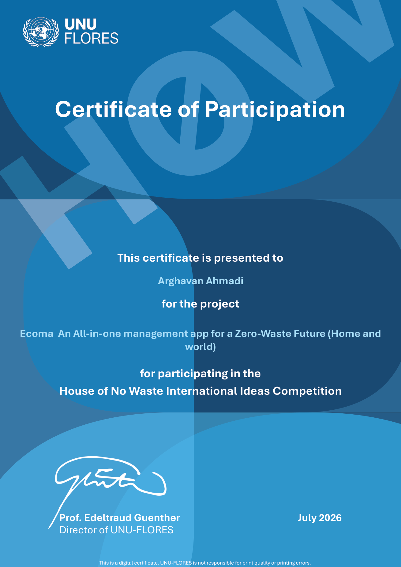 ECOMA Certificate of Participation — House of No Waste International Ideas Competition