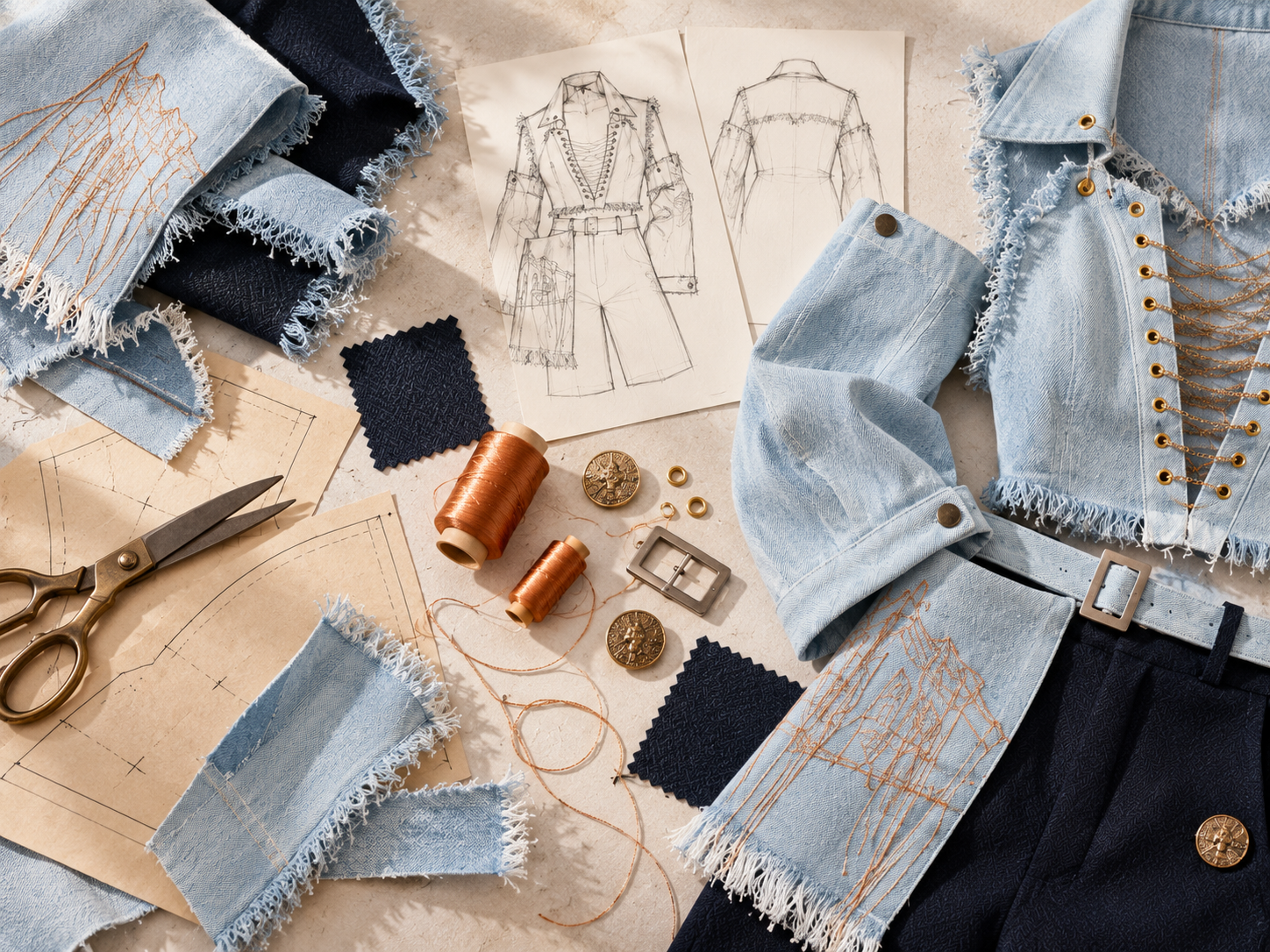 Fabric offcuts, sketches and materials from the Infinite Grace design process